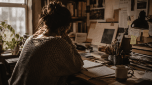 adulto trabajando en un escritorio con expresión de concentración intensa y papeles desordenados, síntomas TDAH en adultos