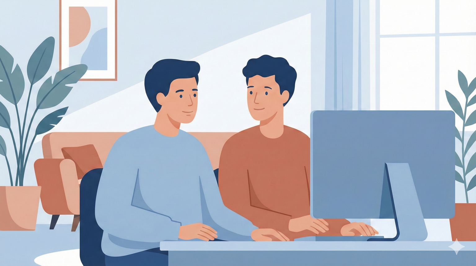 Dos personas adultas frente a una pantalla de ordenador durante una sesión de terapia de pareja online, con expresión atenta y calmada