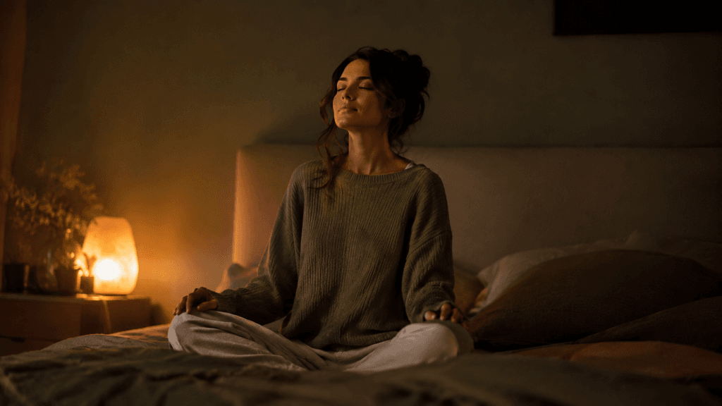 Persona en su dormitorio con luz cálida y tenue practicando una técnica de relajación para bajar la ansiedad por la noche