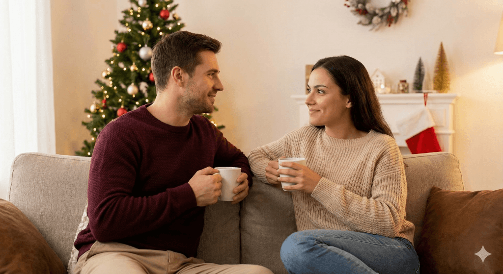 Pareja hablando con calma antes de una reunión familiar, aplicando trucos sobre cómo evitar discusiones de pareja en cenas de navidad.
