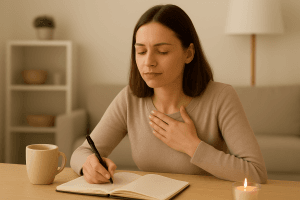 Mujer joven practicando cómo trabajar la autocompasión con ejercicios diarios frente al ordenador en un entorno tranquilo y luminoso