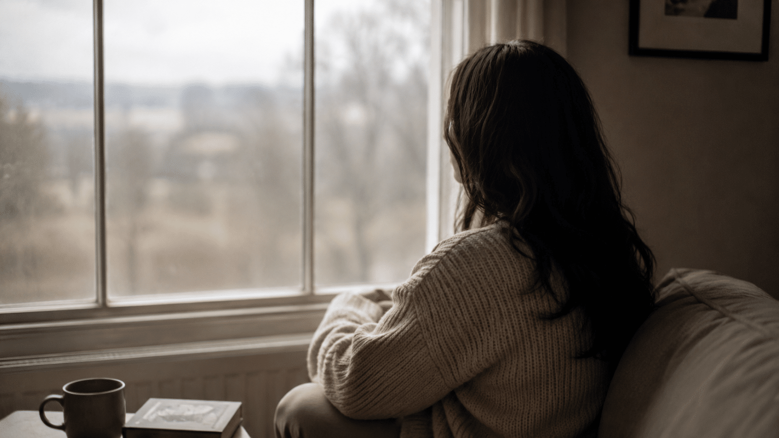 mujer sentada mirando por la ventana con expresión apagada, diferencia entre tristeza y depresión