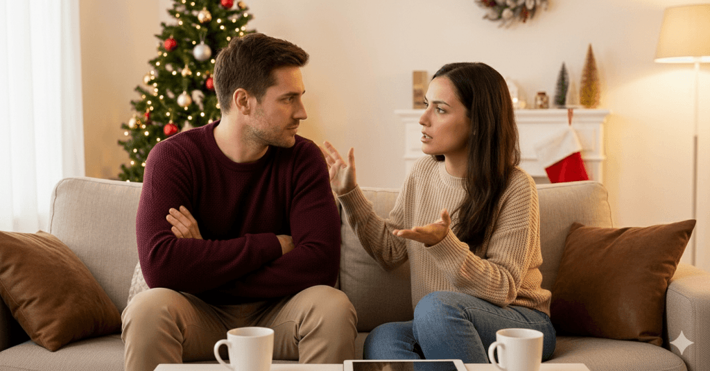 Pareja sentada en el sofá discutiendo, representando la frase mi pareja no quiere ir a casa de mis padres navidad