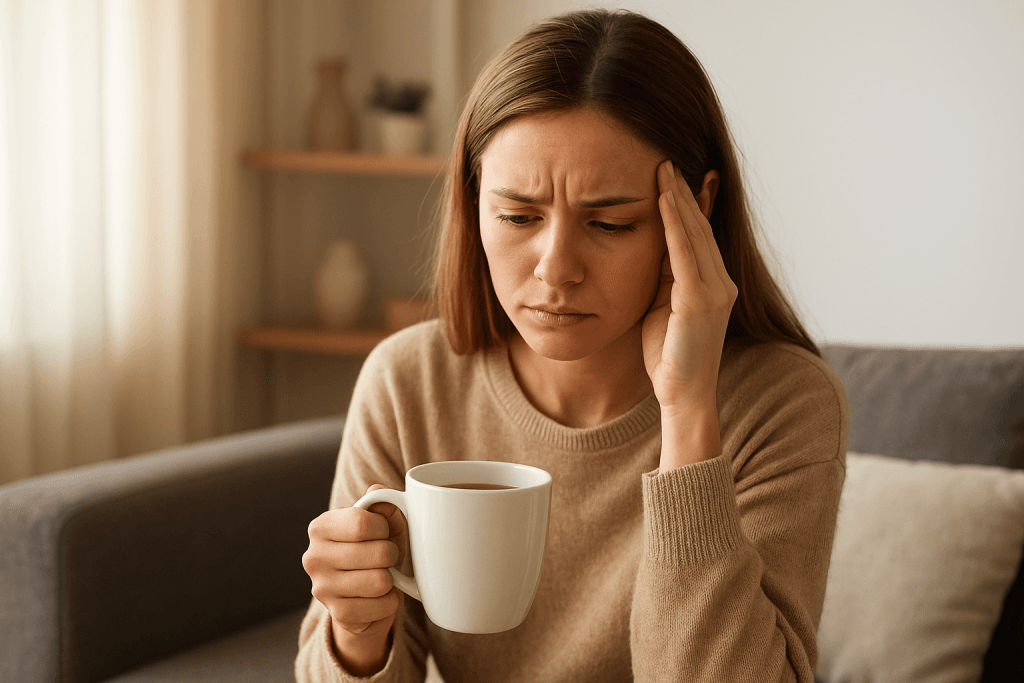 Mujer joven en casa sosteniendo una taza de té, con expresión pensativa y gesto de preocupación leve, representando los síntomas psicológicos de la ansiedad