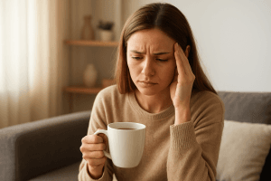 Mujer joven en casa sosteniendo una taza de té, con expresión pensativa y gesto de preocupación leve, representando los síntomas psicológicos de la ansiedad