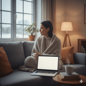 Mujer mirando una ventana con luz tenue en invierno, recibiendo tratamiento depresión estacional online.