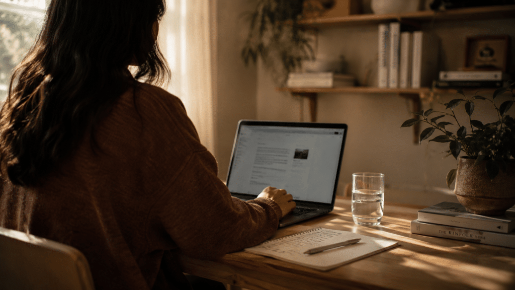persona frente a un ordenador portátil en una primera sesión de psicología online, ambiente cálido y tranquilo