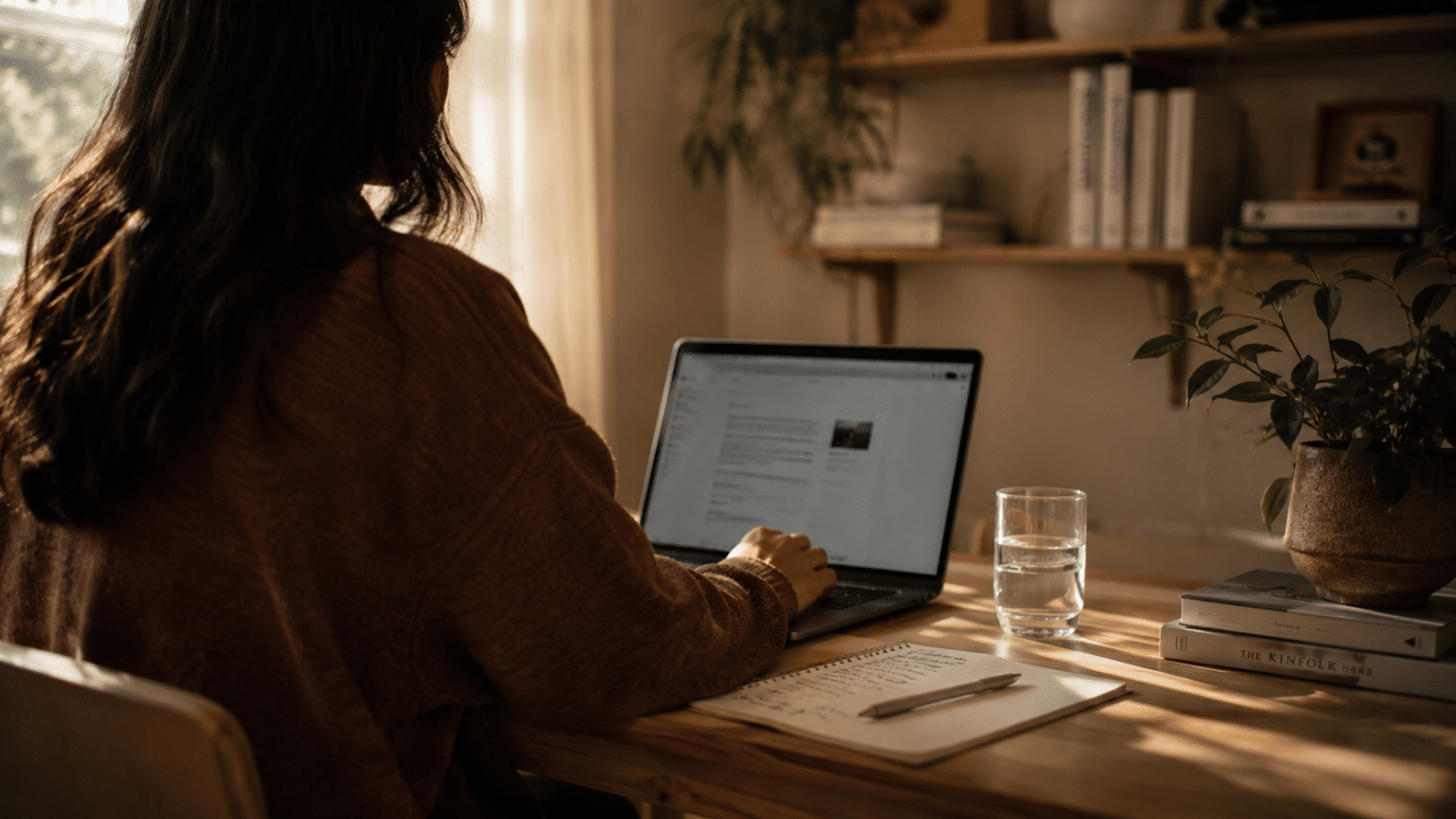 persona frente a un ordenador portátil en una primera sesión de psicología online, ambiente cálido y tranquilo