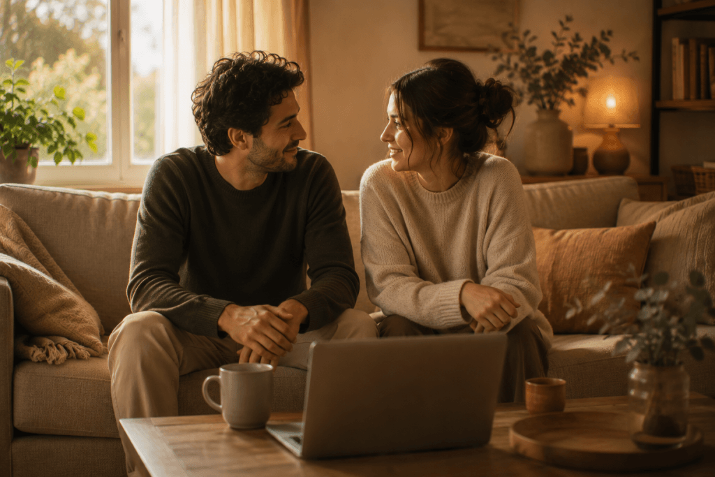 Pareja en casa después de sesión online — funciona la terapia de pareja online