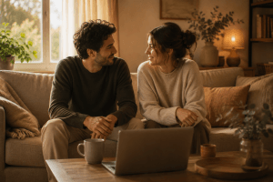 Pareja en casa después de sesión online — funciona la terapia de pareja online